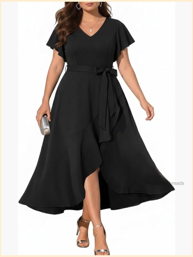 Plus Size Formal Maxi Dress With Ruffle Sleeves And Belt
